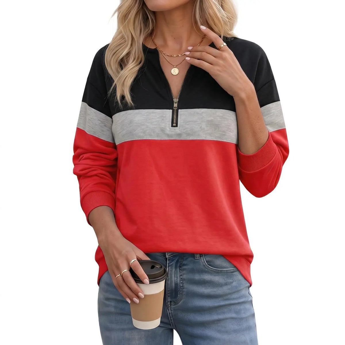 Imily Bela Women'S Sporty Chic Poly-Cotton Color Block Quarter-Zip Ribbed Long-Sleeve Sweatshirt - Relaxed Fit, Paneled Look, Retro Streetwear Style, Comfortable Everyday Loungewear, Machine Washable Essential,Sohochic