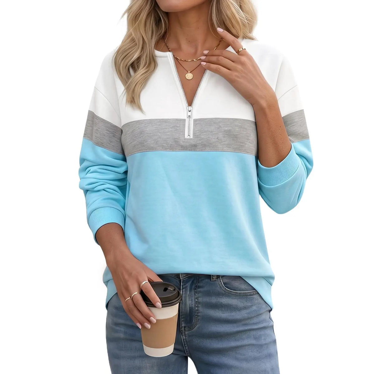Imily Bela Women'S Sporty Chic Poly-Cotton Color Block Quarter-Zip Ribbed Long-Sleeve Sweatshirt - Relaxed Fit, Paneled Look, Retro Streetwear Style, Comfortable Everyday Loungewear, Machine Washable Essential,Sohochic