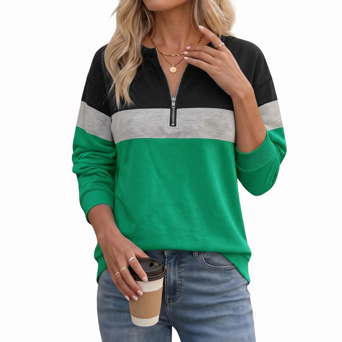 Imily Bela Women'S Sporty Chic Poly-Cotton Color Block Quarter-Zip Ribbed Long-Sleeve Sweatshirt - Relaxed Fit, Paneled Look, Retro Streetwear Style, Comfortable Everyday Loungewear, Machine Washable Essential,Sohochic