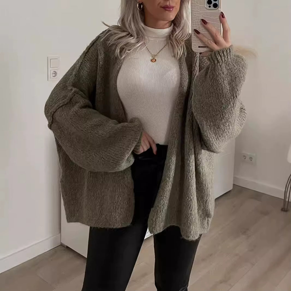 Autumn Winter New Casual Knitted Sweater Cardigan Jacket Loose Long Sleeve Solid Color Mid-Length Sweater Women Cardigan Jacket
