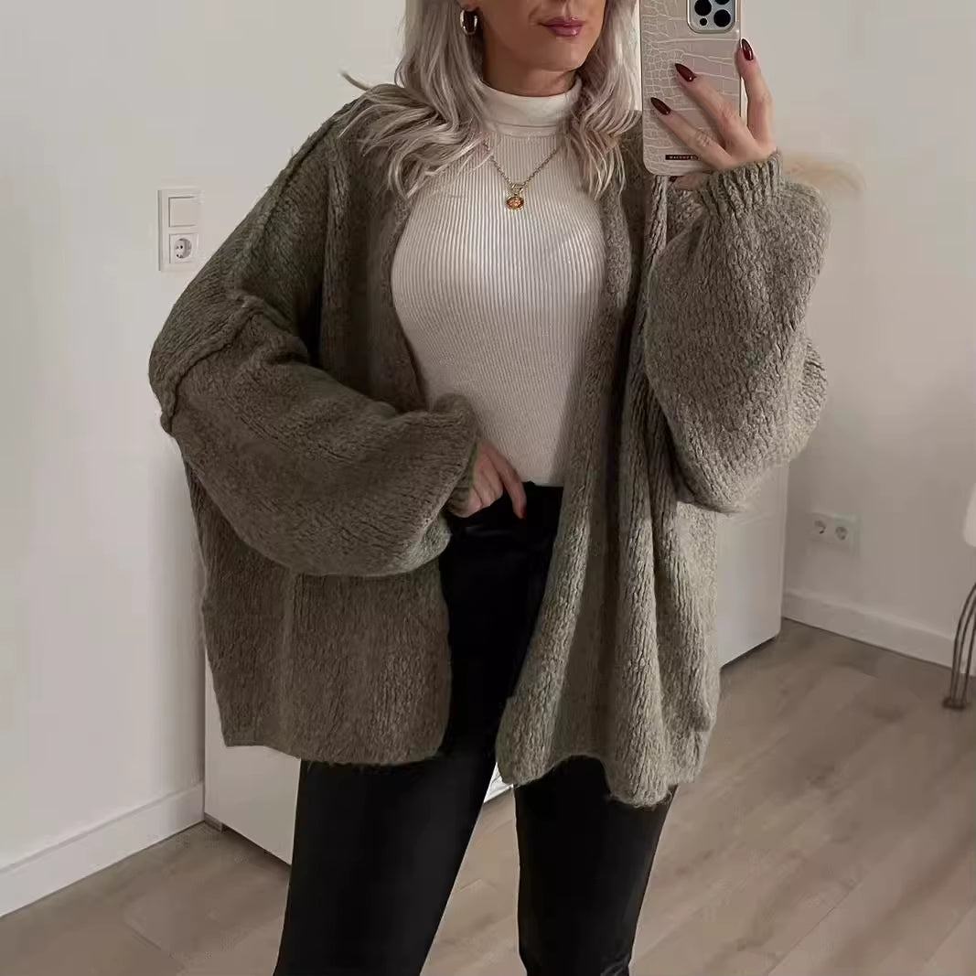 Autumn Winter New Casual Knitted Sweater Cardigan Jacket Loose Long Sleeve Solid Color Mid-Length Sweater Women Cardigan Jacket