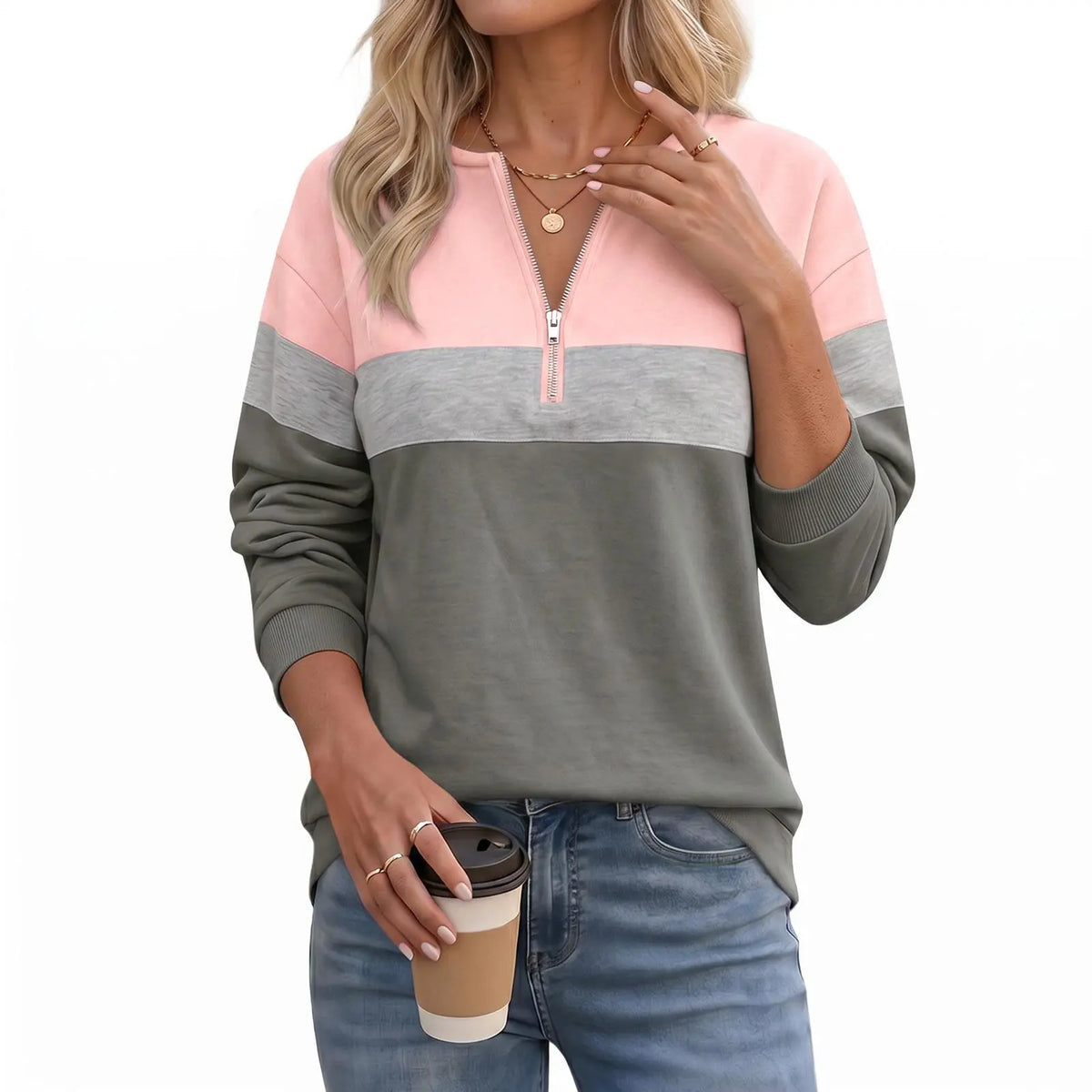 Imily Bela Women'S Sporty Chic Poly-Cotton Color Block Quarter-Zip Ribbed Long-Sleeve Sweatshirt - Relaxed Fit, Paneled Look, Retro Streetwear Style, Comfortable Everyday Loungewear, Machine Washable Essential,Sohochic