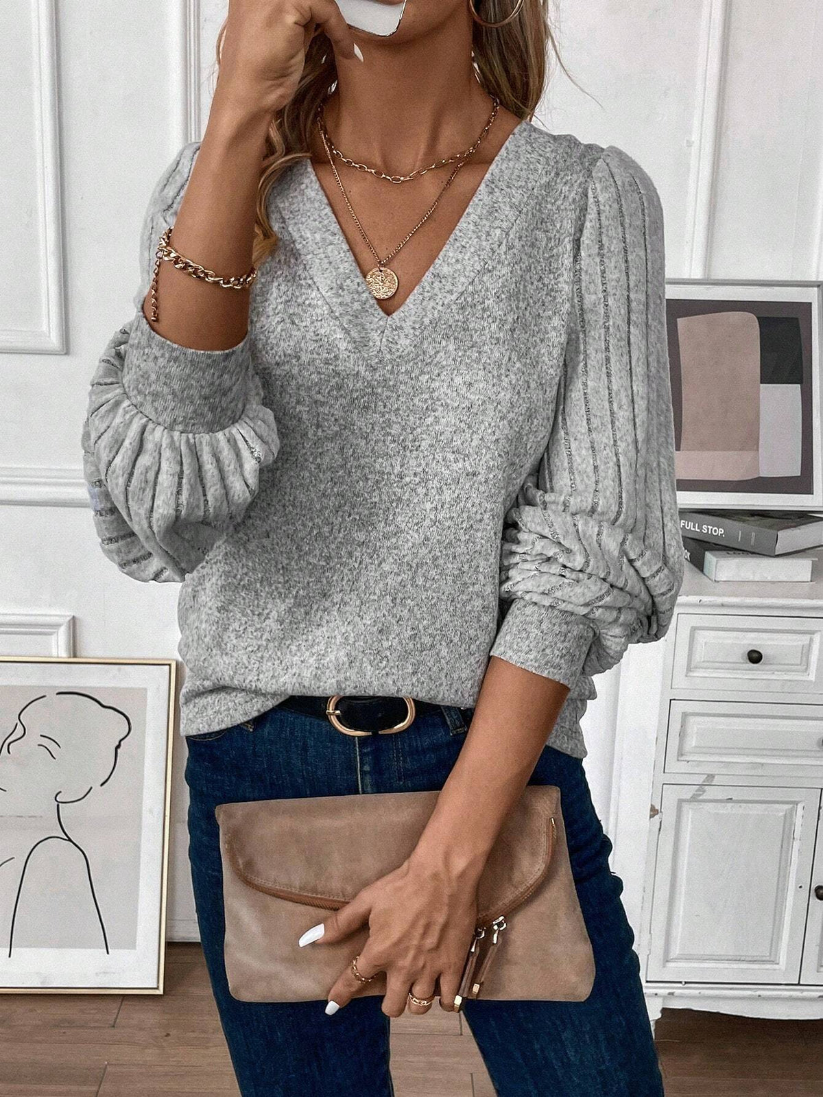 SHEIN LUNE Lantern Sleeve V Neck Tee Fall Cloth for Women