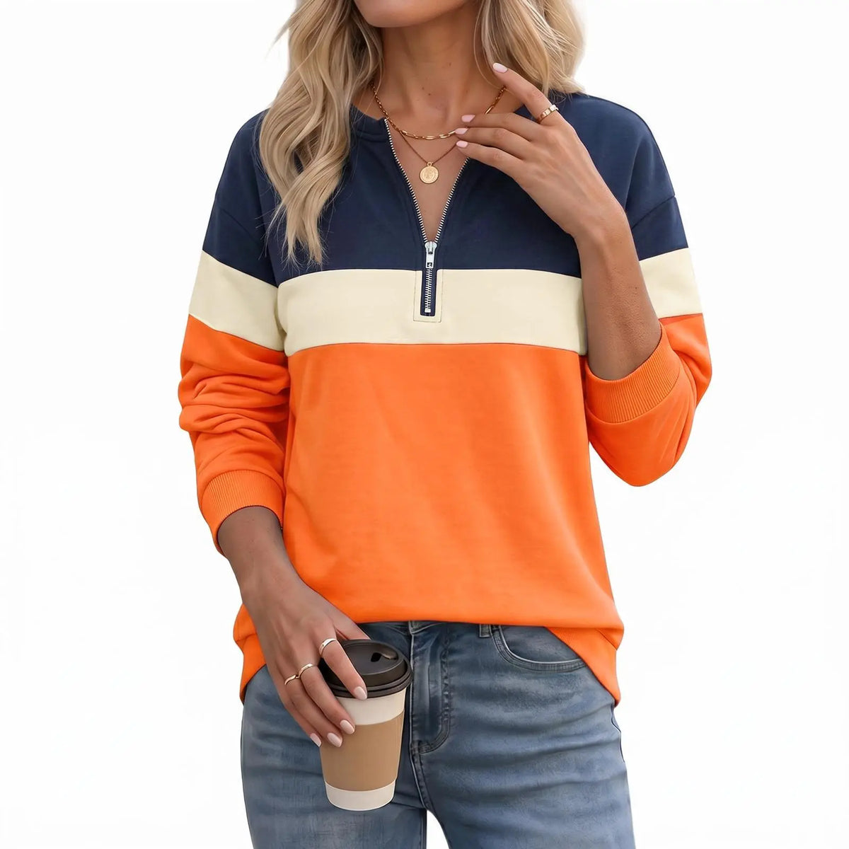 Imily Bela Women'S Sporty Chic Poly-Cotton Color Block Quarter-Zip Ribbed Long-Sleeve Sweatshirt - Relaxed Fit, Paneled Look, Retro Streetwear Style, Comfortable Everyday Loungewear, Machine Washable Essential,Sohochic