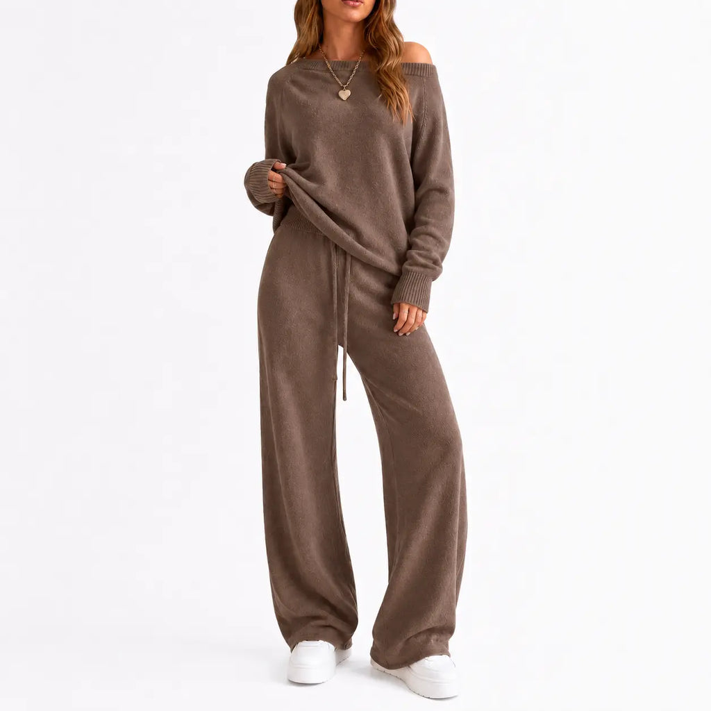Yimoon Women'S off Shoulder Sweater Knit 2 Piece Long Sleeve Oversized Top High Waist Wide Leg Pants Lounge Outfit Matching Set Womenswear