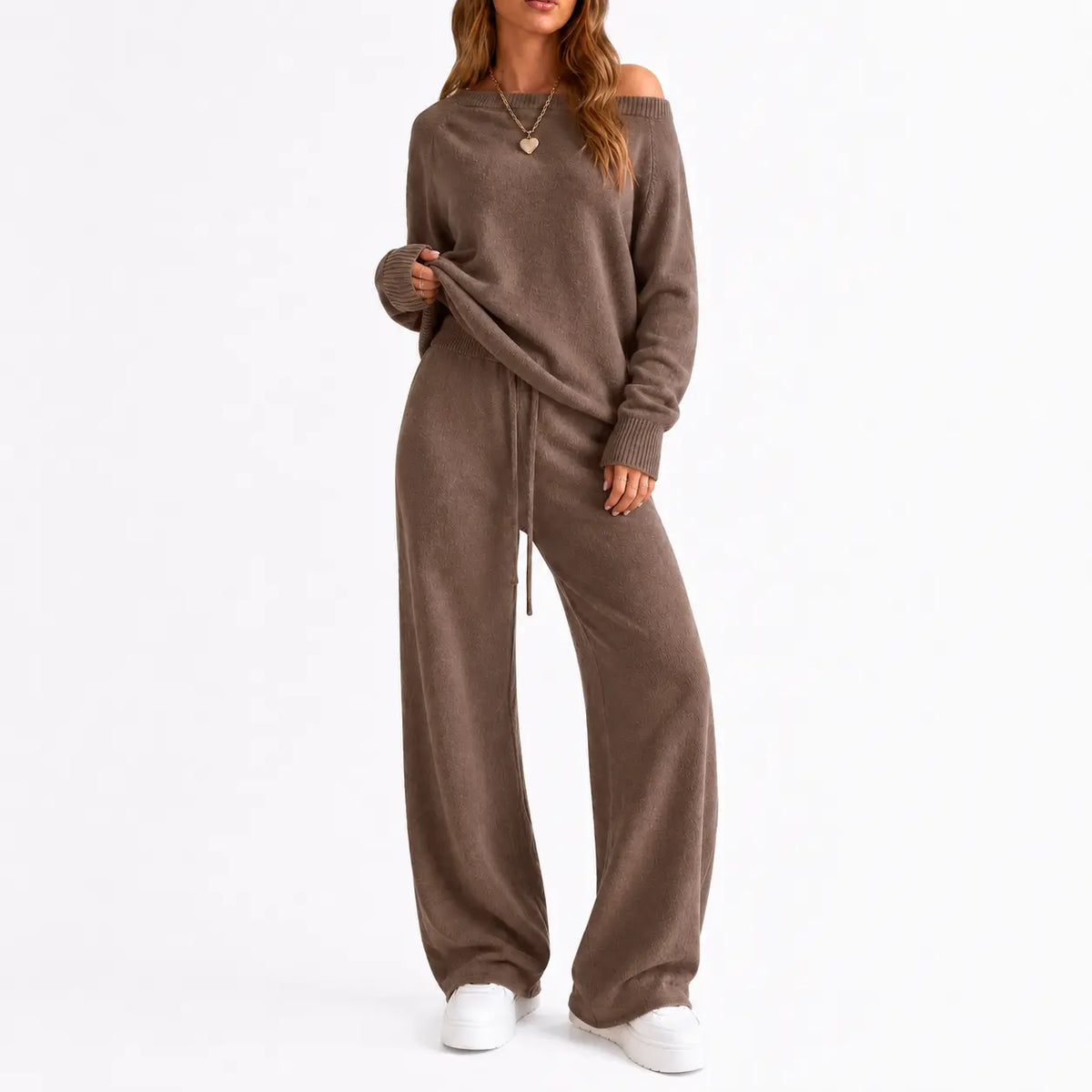 Yimoon Women'S off Shoulder Sweater Knit 2 Piece Long Sleeve Oversized Top High Waist Wide Leg Pants Lounge Outfit Matching Set Womenswear