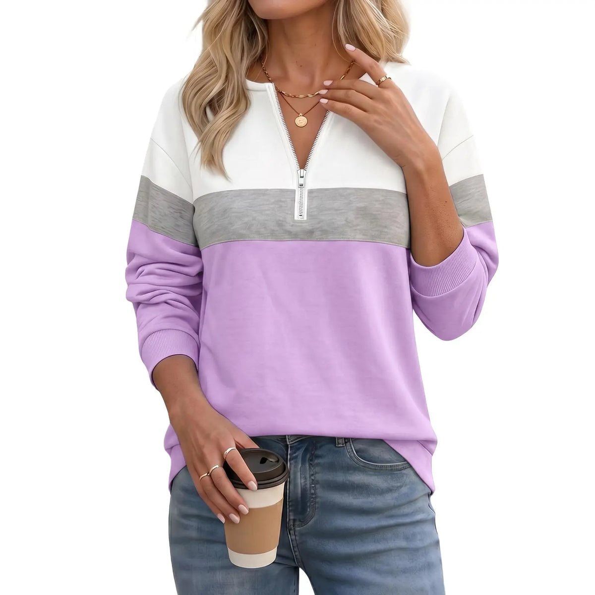 Imily Bela Women'S Sporty Chic Poly-Cotton Color Block Quarter-Zip Ribbed Long-Sleeve Sweatshirt - Relaxed Fit, Paneled Look, Retro Streetwear Style, Comfortable Everyday Loungewear, Machine Washable Essential,Sohochic