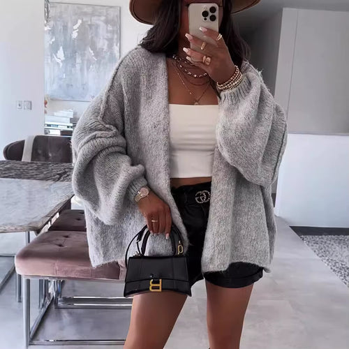 Autumn Winter New Casual Knitted Sweater Cardigan Jacket Loose Long Sleeve Solid Color Mid-Length Sweater Women Cardigan Jacket