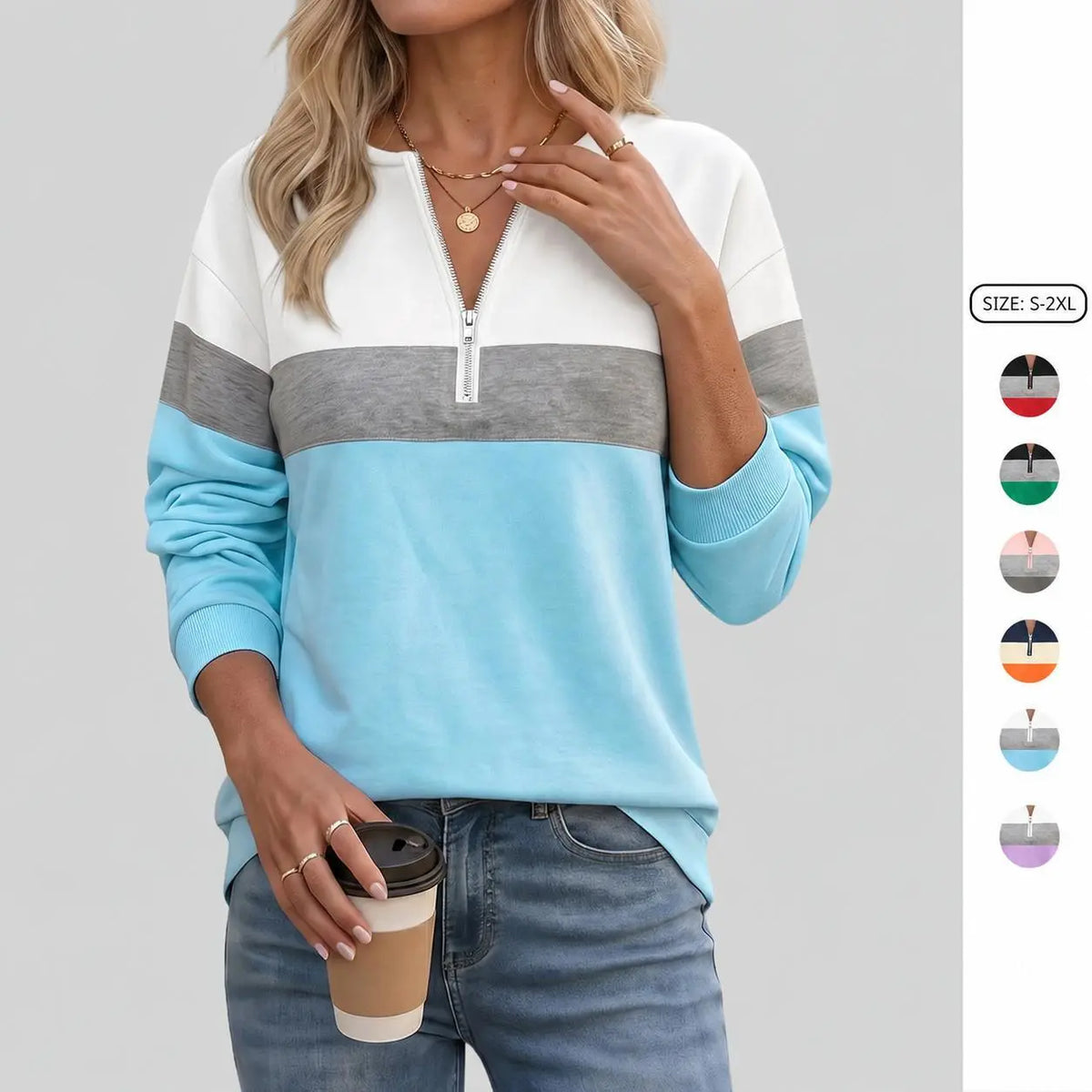 Imily Bela Women'S Sporty Chic Poly-Cotton Color Block Quarter-Zip Ribbed Long-Sleeve Sweatshirt - Relaxed Fit, Paneled Look, Retro Streetwear Style, Comfortable Everyday Loungewear, Machine Washable Essential,Sohochic