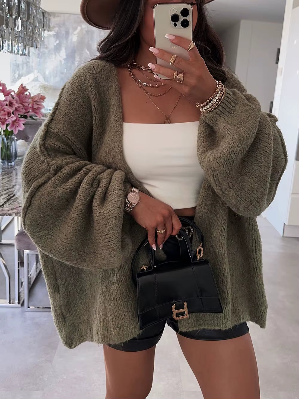 Autumn Winter New Casual Knitted Sweater Cardigan Jacket Loose Long Sleeve Solid Color Mid-Length Sweater Women Cardigan Jacket