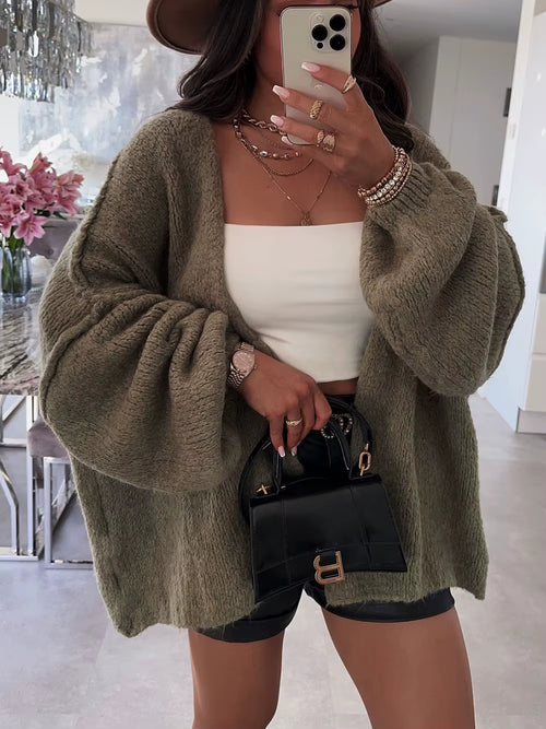 Autumn Winter New Casual Knitted Sweater Cardigan Jacket Loose Long Sleeve Solid Color Mid-Length Sweater Women Cardigan Jacket