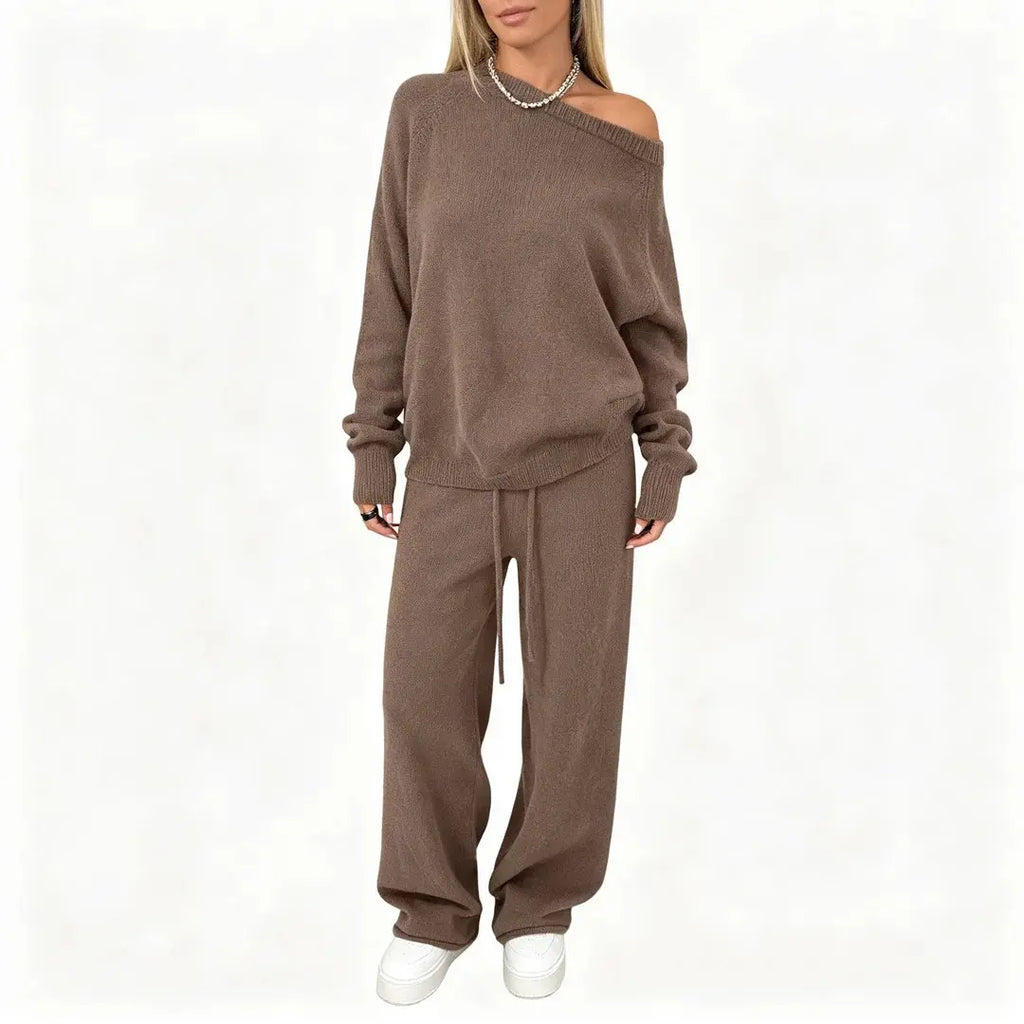 Yimoon Women'S off Shoulder Sweater Knit 2 Piece Long Sleeve Oversized Top High Waist Wide Leg Pants Lounge Outfit Matching Set Womenswear